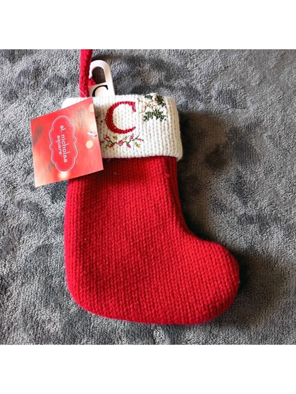 Mini Christmas Stocking Knit Red Monogram Letter C